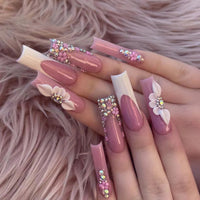 No.F543 Pink Flower Long Fingernails Patch 24pcs/Set