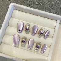 No.FP12 10pcs Purple Cat's Eye Handmade Press-On Fingernails