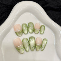 No.FP29 Green Cat's Eye Hand Made Fingernails 10pcs