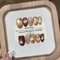 No.F517 Cat's Eye Champagne Diamond Fingernails Patch 24pcs/Set