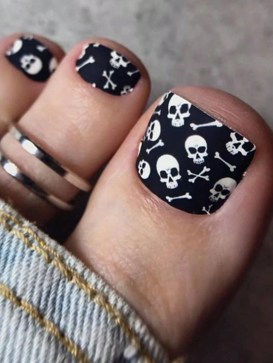 No.336 Halloween Skull Head Black & White Matte Design Toenails Patch 24pcs/Set