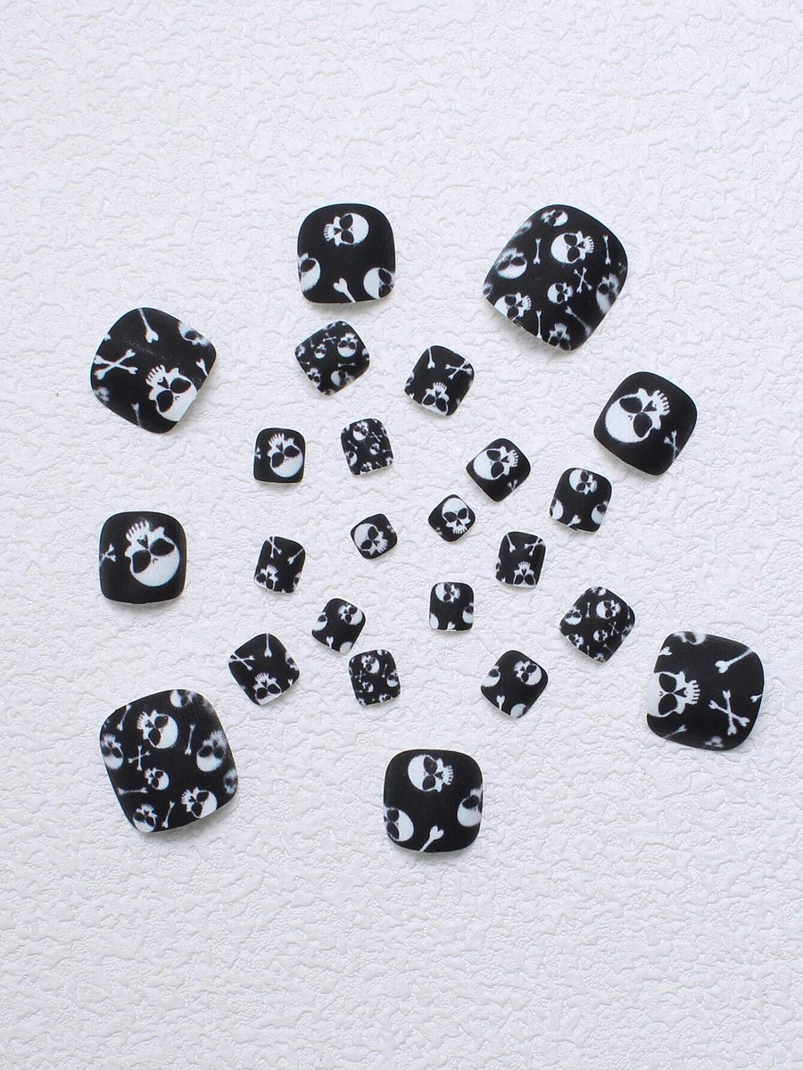 No.336 Halloween Skull Head Black & White Matte Design Toenails Patch 24pcs/Set