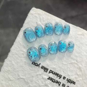 No.FP32 Sky Blue Cat's Eye Hand Made Fingernails 10pcs