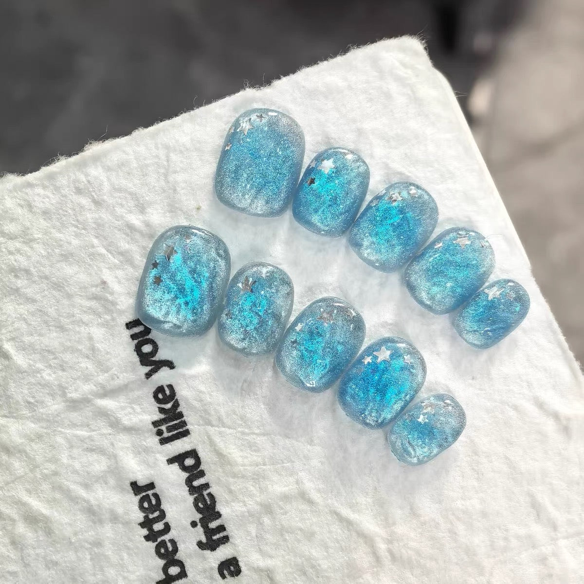No.FP32 Sky Blue Cat's Eye Hand Made Fingernails 10pcs