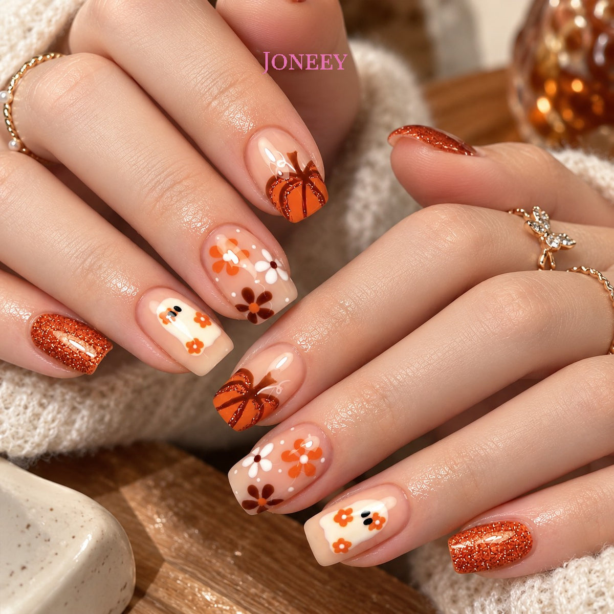 No.AW16 Halloween Short Glossy Ghost Flower Pumpkin Fingernails Patch 24pcs/Set