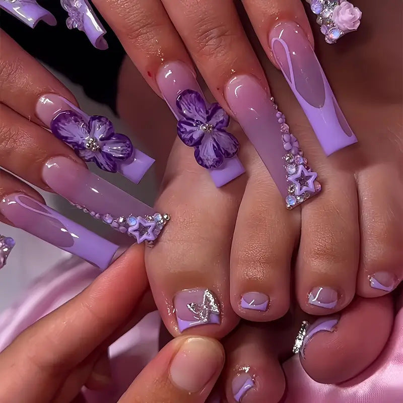 No.PSN166 Purple 3D Flowers Hand & Toe Pair Set-48pcs