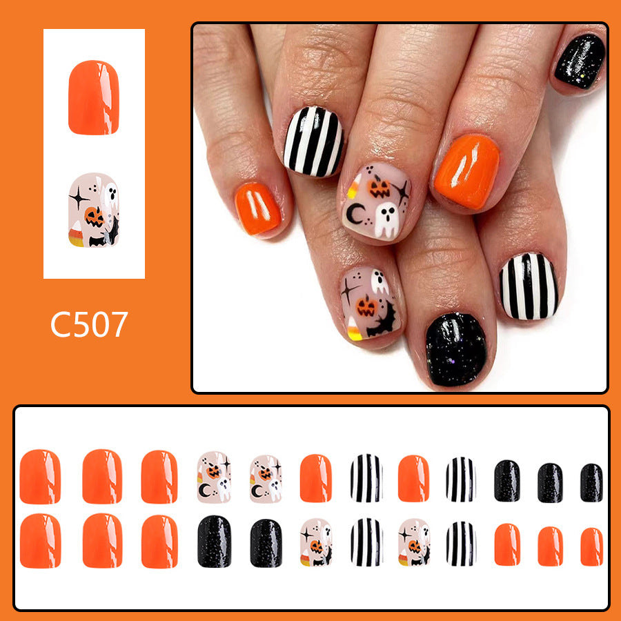 No.AW18 Halloween Short Ghost Striped Pumpkin Bat Fingernails Patch 24pcs/Set