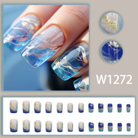 No.F15 Blue Smudge With Gold Foil Lines Fingernails Patch 24pcs/Set