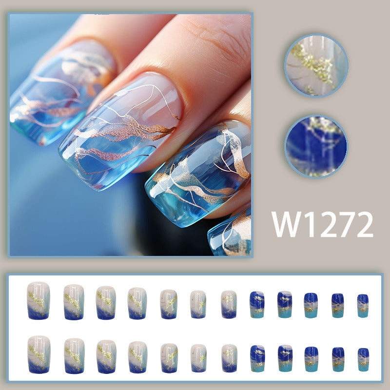 No.F15 Blue Smudge With Gold Foil Lines Fingernails Patch 24pcs/Set