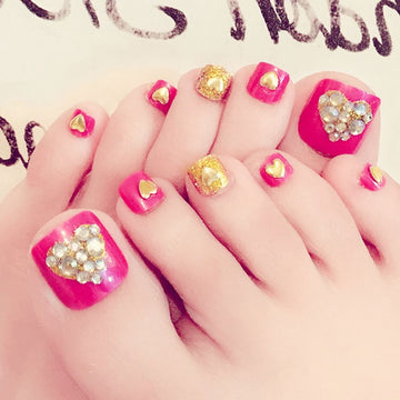No.551 Pink Gold Heart Toenails Patch 24pcs/Set