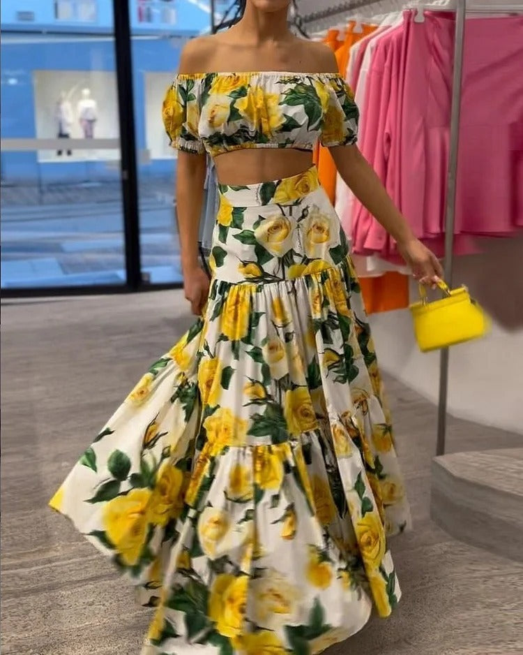 Yellow Print Tiered Two-Piece Set