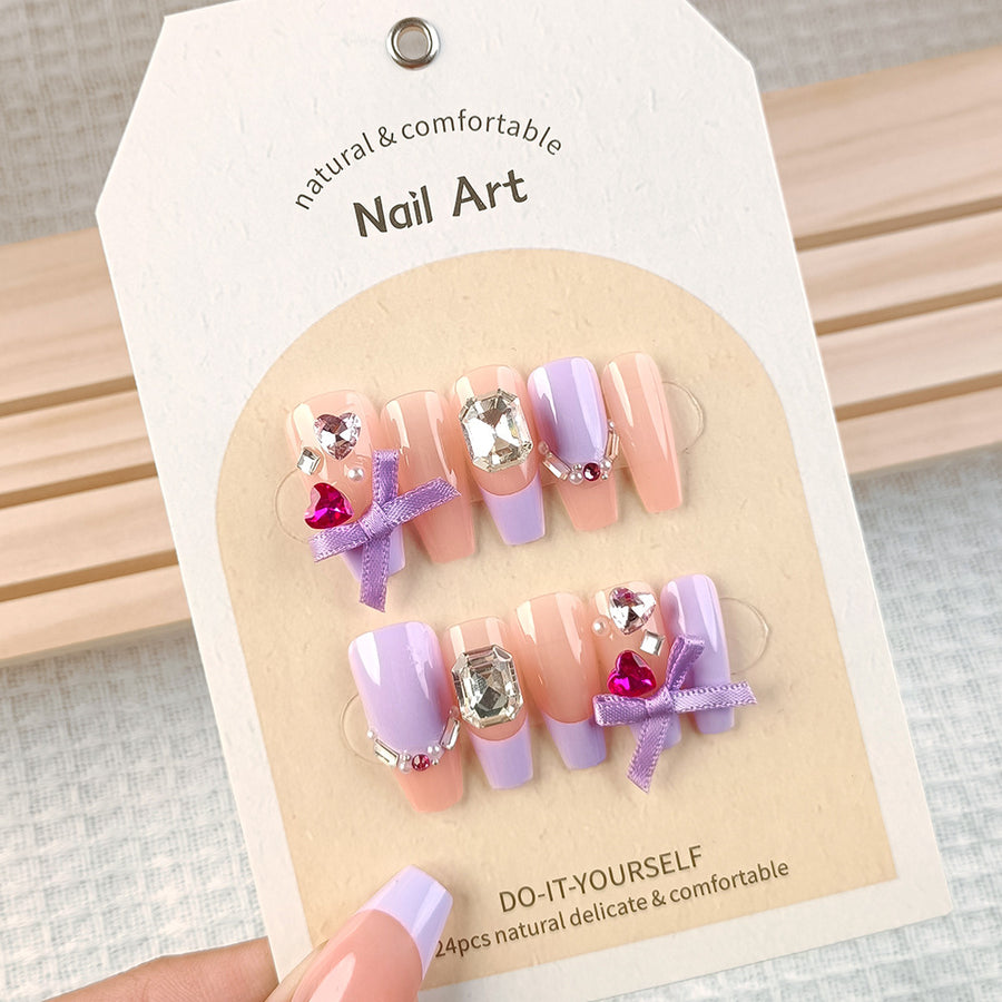 No.F6 Light Purple Heart Rhinestone Fingernails Patch 24pcs/Set