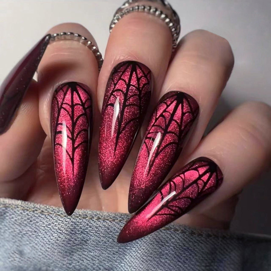 No.AW177 Halloween Red Cat‘s Eye Spider Web Fingernails Patch 24pcs/Set