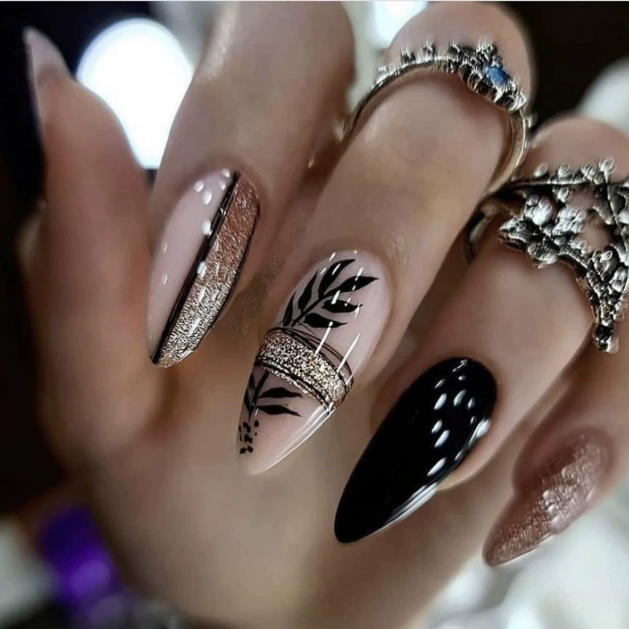 No.F341 Black Leaf Fingernails Patch 24pcs/Set