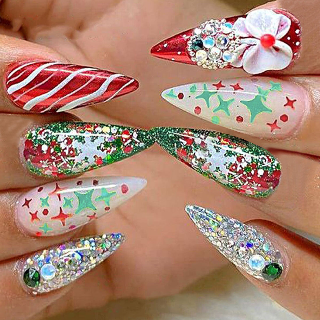 No.CM65 Christmas Pearl Diamond Fingernails Patch 24pcs/Set