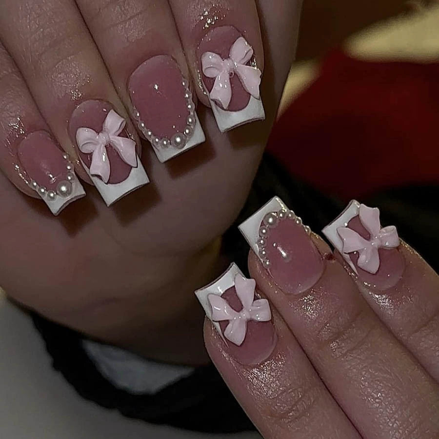 No.F270 Pink Bow Fingernails Patch 24pcs/Set