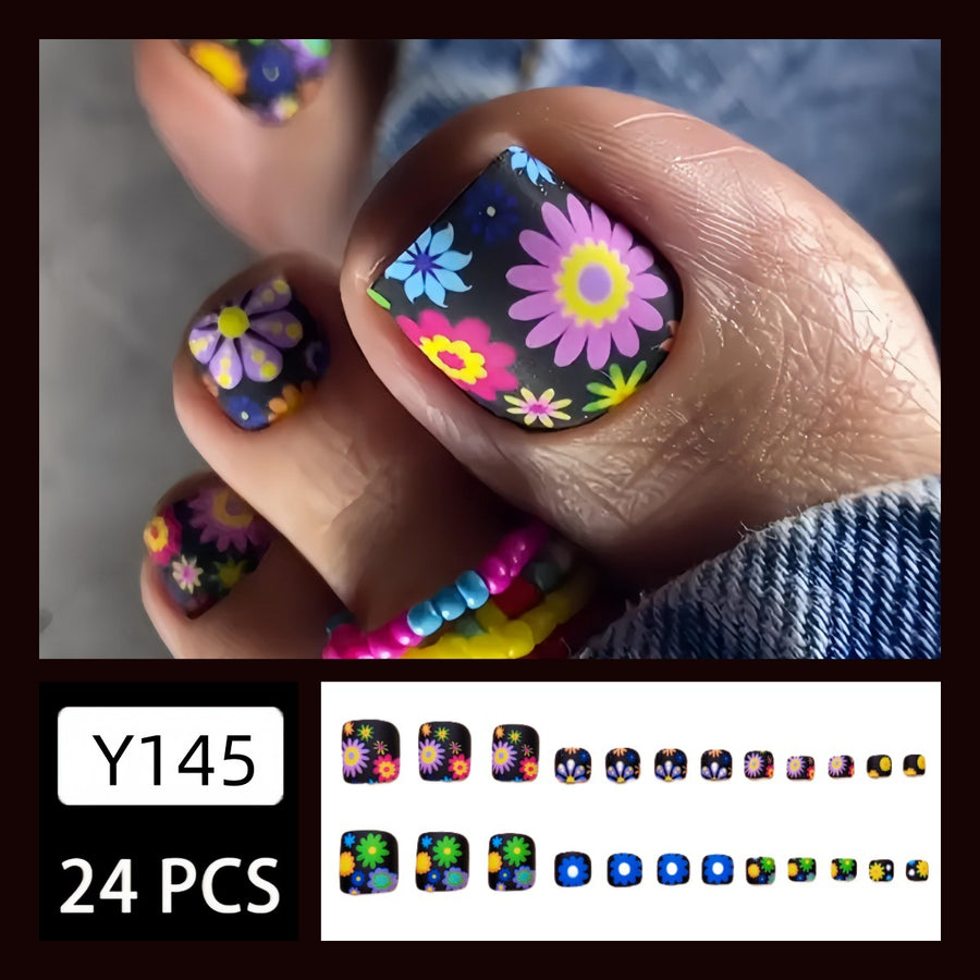 No.296 Black Colored Flowers Toenail Patch 24pcs/Set