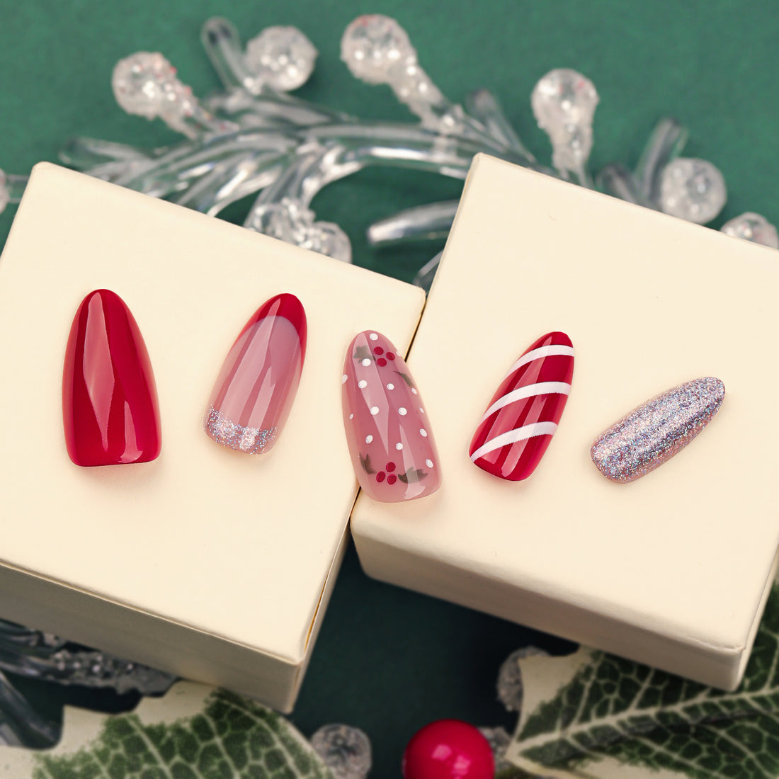 No.CM48 Christmas Red Candy Stripes Fingernails Patch 24pcs/Set