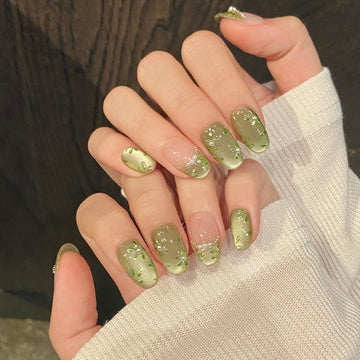 No.FP29 Green Cat's Eye Hand Made Fingernails 10pcs