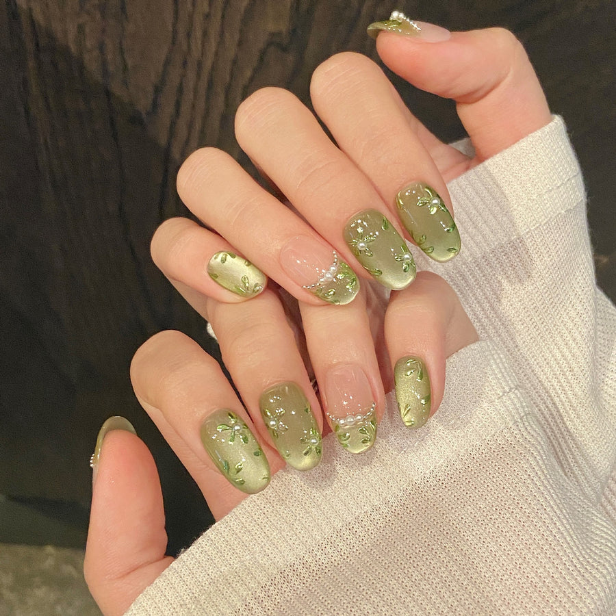 No.FP29 Green Cat's Eye Hand Made Fingernails 10pcs