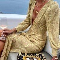 V Neck Golden Bling Long-sleeved Top and Skirt