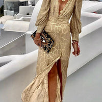 V Neck Golden Bling Long-sleeved Top and Skirt