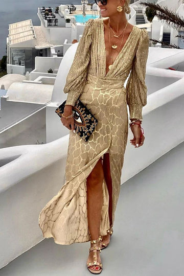 V Neck Golden Bling Long-sleeved Top and Skirt