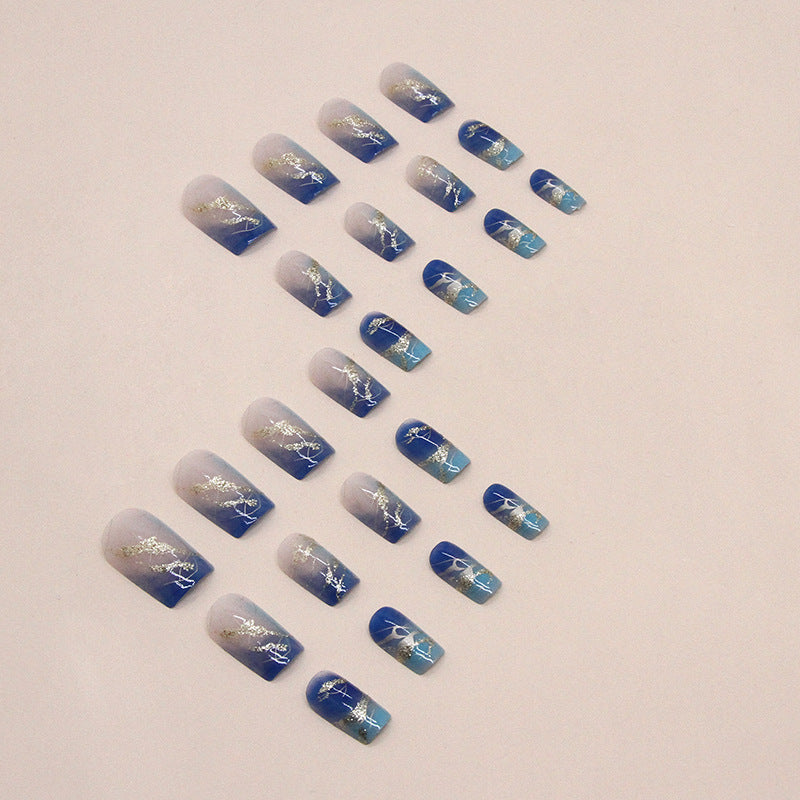 No.F15 Blue Smudge With Gold Foil Lines Fingernails Patch 24pcs/Set