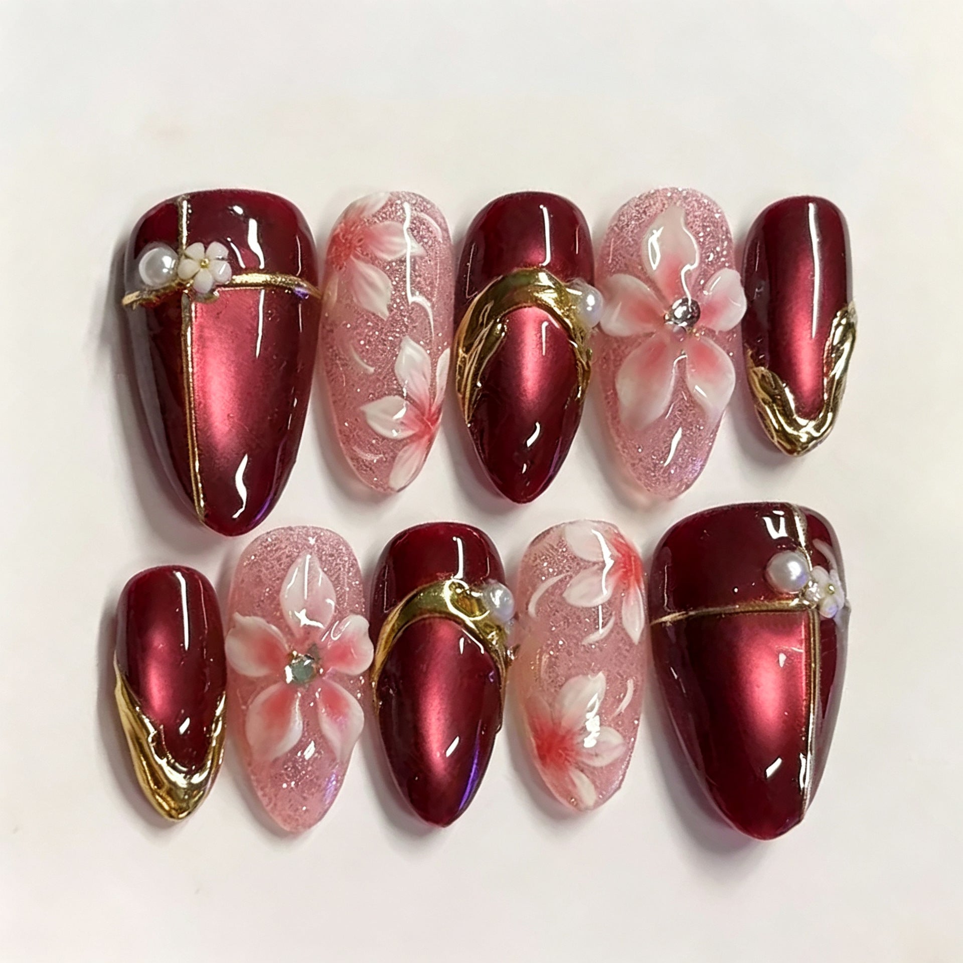 No.F850 Wine Red Cat's Eye Fingernails Patch 30pcs/Set