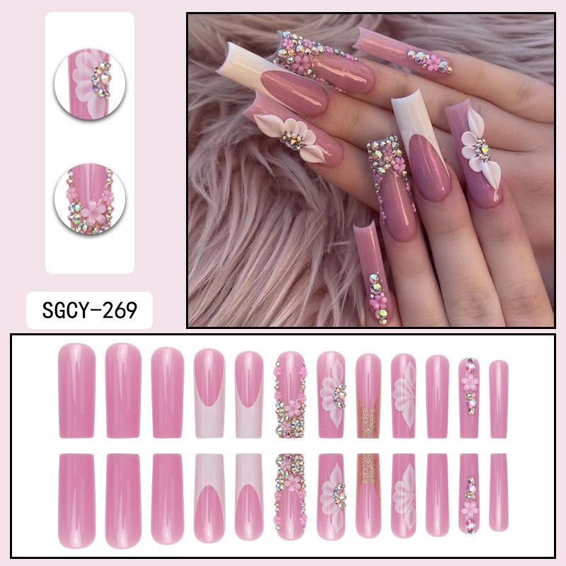 No.F543 Pink Flower Long Fingernails Patch 24pcs/Set