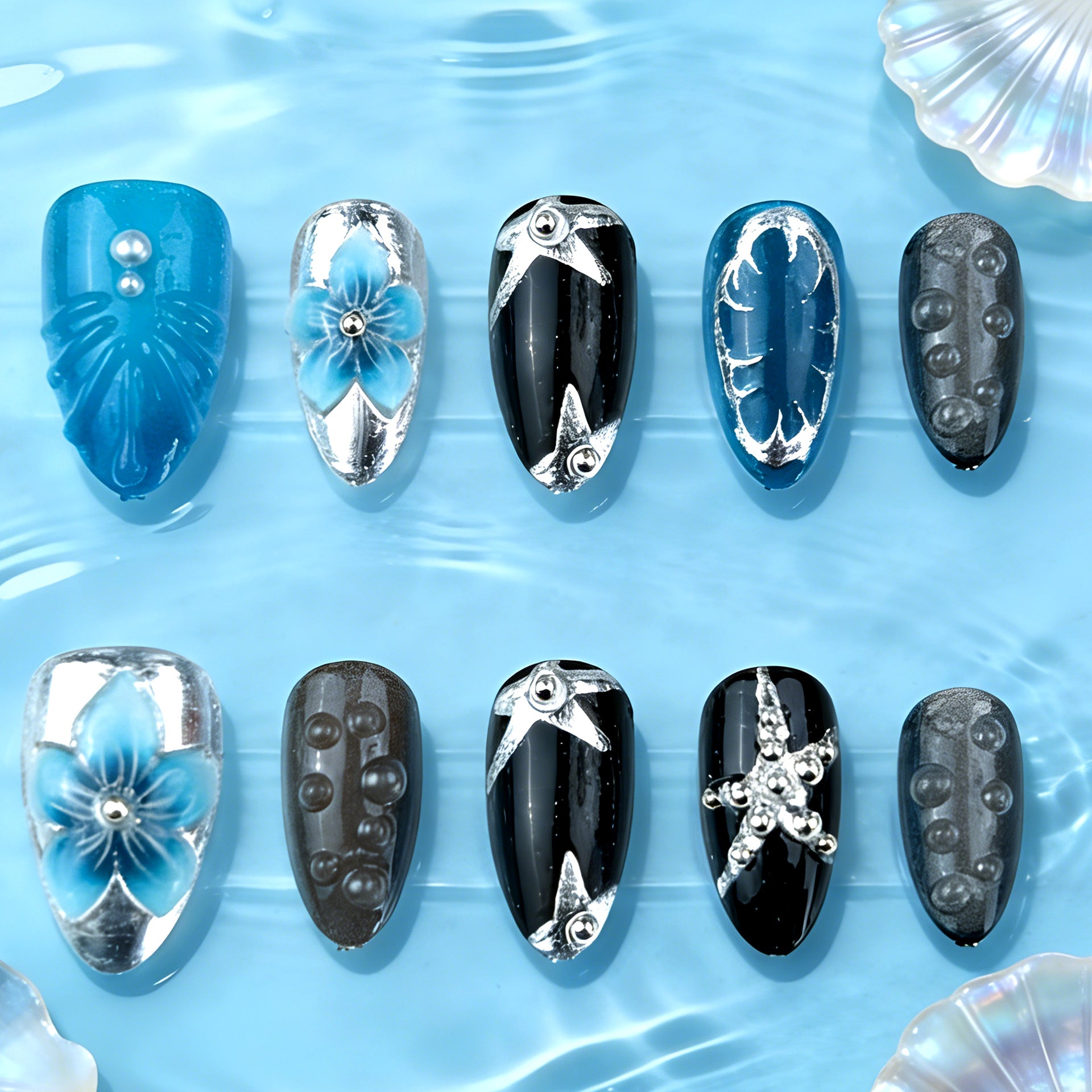 No.F827 Blue Flower Fingernails Patch 24pcs/Set