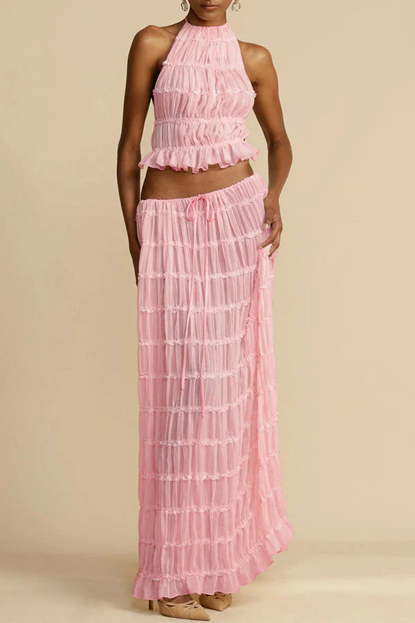 Halterneck Backless Pleated Tiered Skirt Two-piece Set