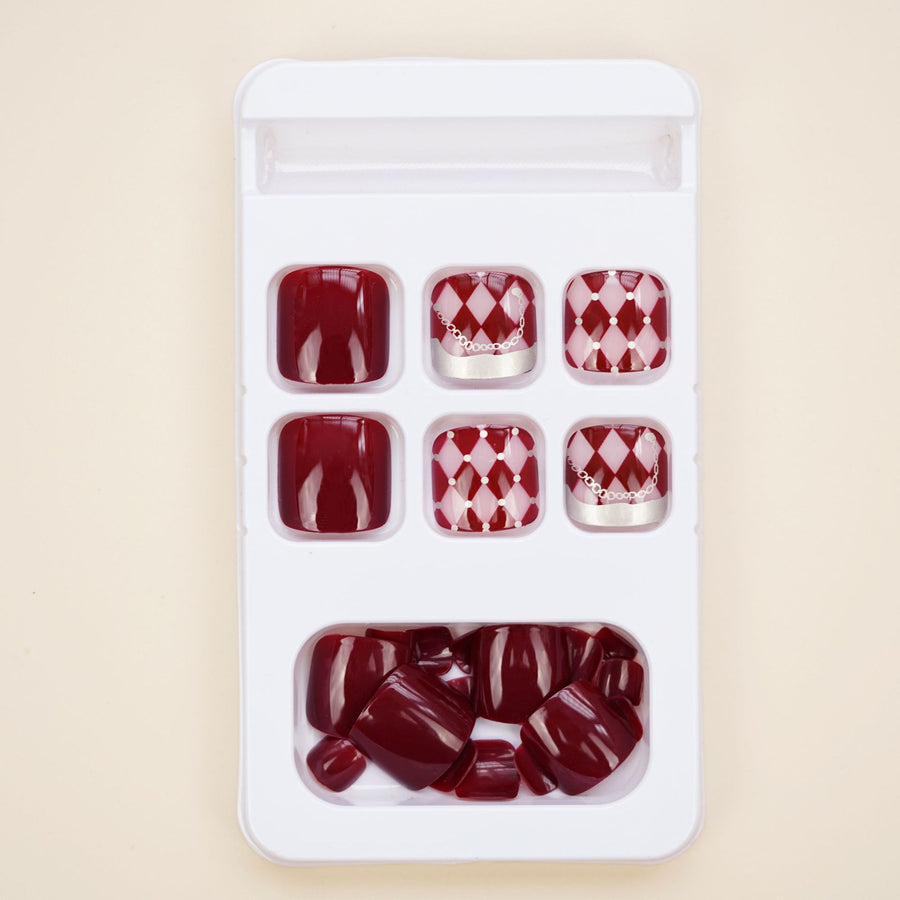 No.329 Wine Red Grid Toenails Patch 24pcs/Set