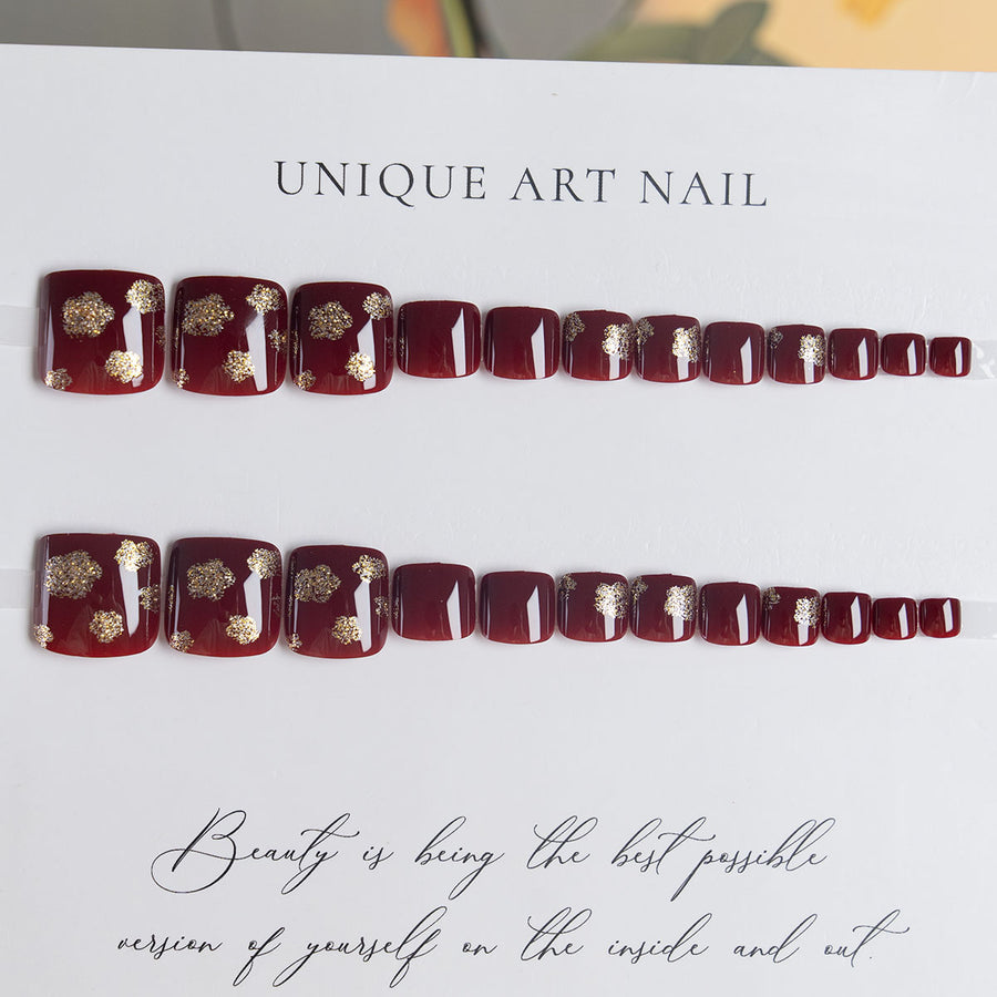 No.198 Sweet Wine Red Glitter Toenails Patch 24pcs/Set