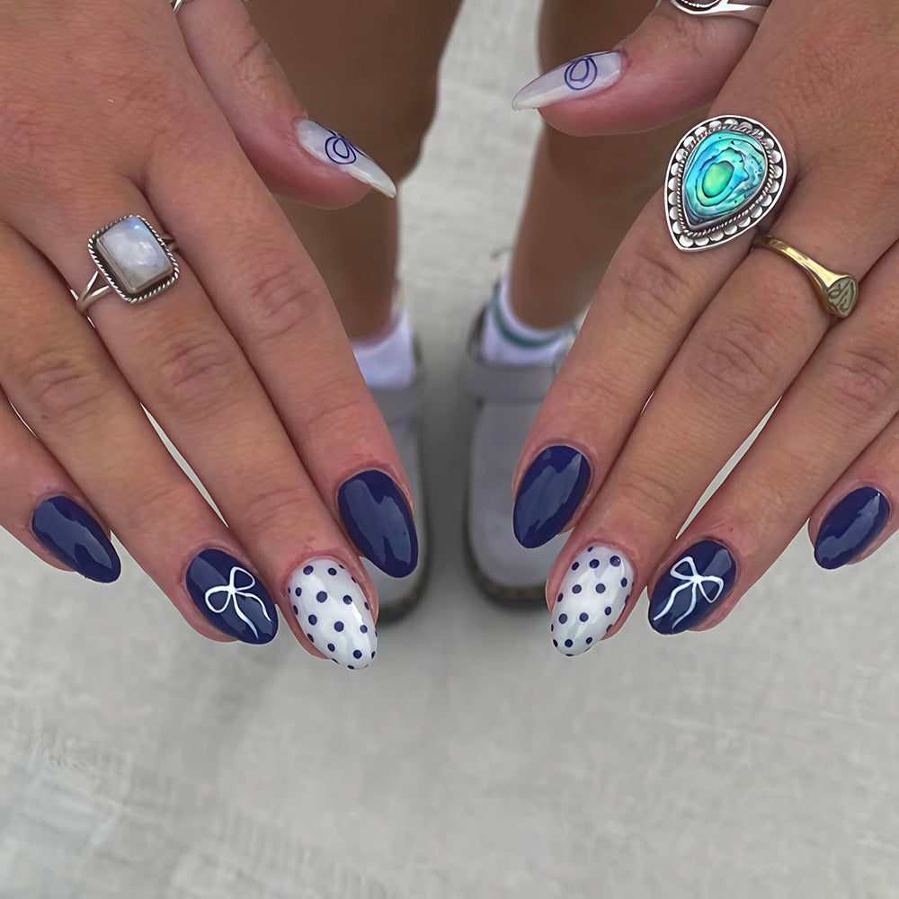 No.F756 Dark Blue Bow Fingernails Patch 24pcs/Set