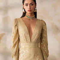 V Neck Golden Bling Long-sleeved Top and Skirt