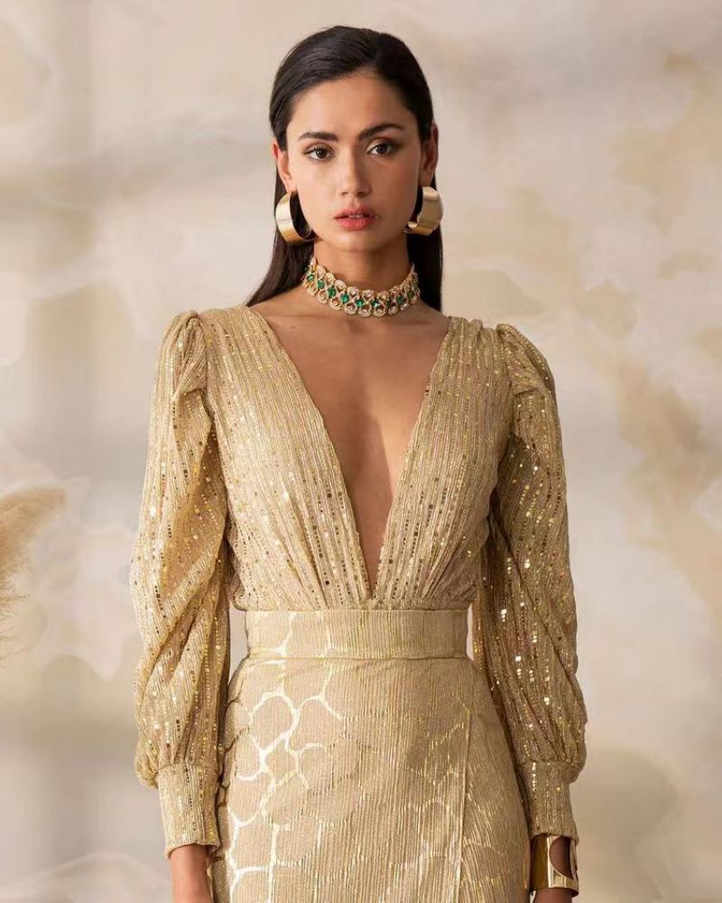 V Neck Golden Bling Long-sleeved Top and Skirt