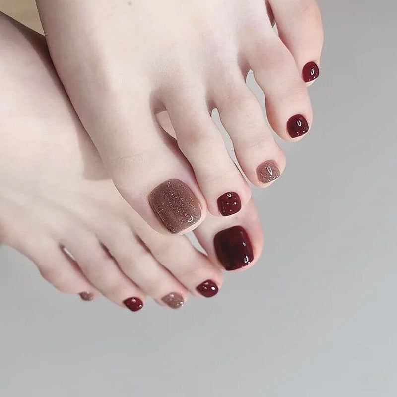 Wine Red Glitter Toe Nails 24pcs/Set