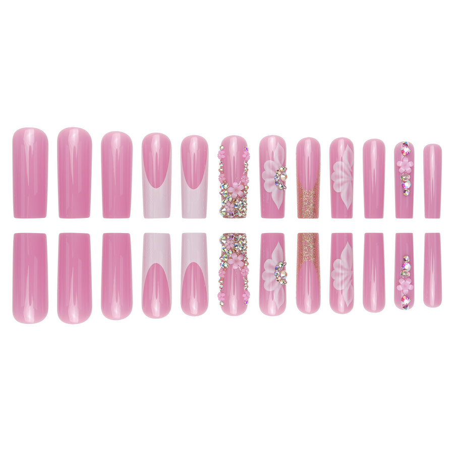 No.F543 Pink Flower Long Fingernails Patch 24pcs/Set