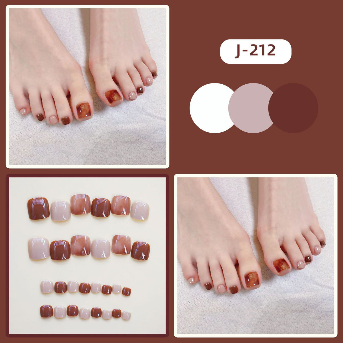 No.12 Brown Retro Short Squoval Press On Toenails 24pcs/Set