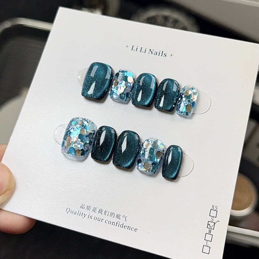 No.FP17 10pcs Blue Cat's Eye Press-On Fingernails