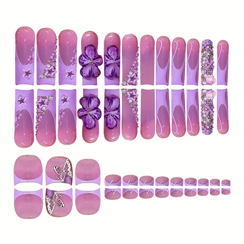 No.PSN166 Purple 3D Flowers Hand & Toe Pair Set-48pcs