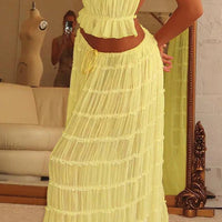 Halterneck Backless Pleated Tiered Skirt Two-piece Set