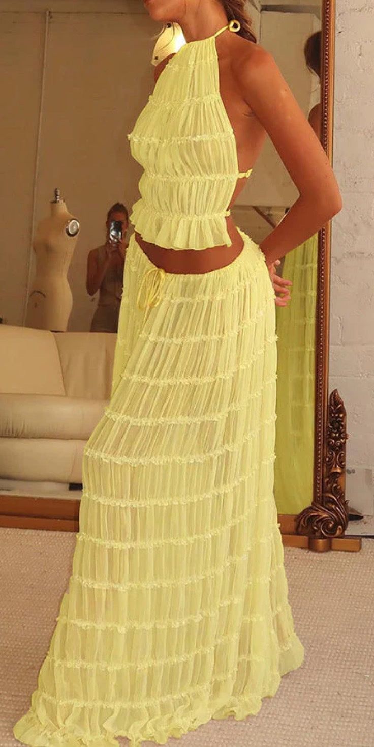 Halterneck Backless Pleated Tiered Skirt Two-piece Set