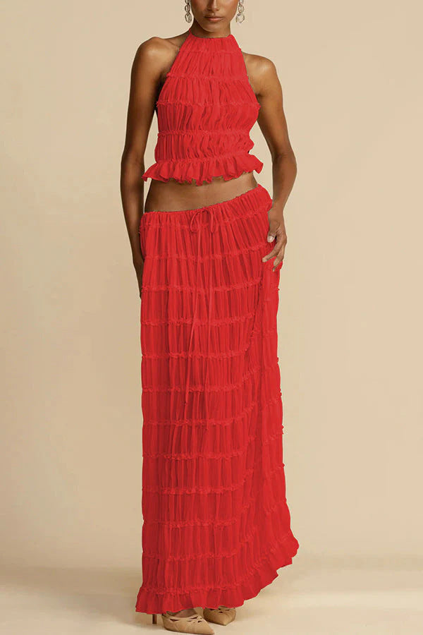 Halterneck Backless Pleated Tiered Skirt Two-piece Set