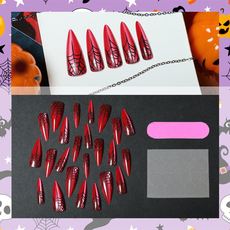 No.AW177 Halloween Red Cat‘s Eye Spider Web Fingernails Patch 24pcs/Set