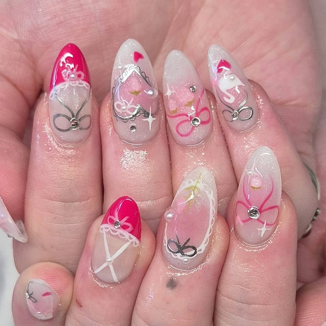 No.F466 Pink Flash Diamond Fingernails Patch 24pcs/Set