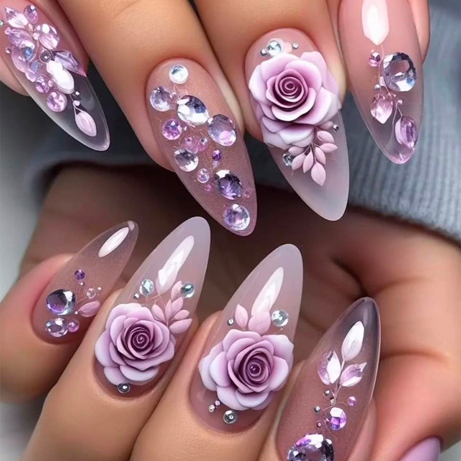 No.F74 Purple Rose Rhinestone  Fingernails Patch 24pcs/Set