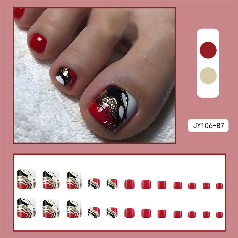 Red and Black Glitter Toe Nail Tips 24pcs/Set