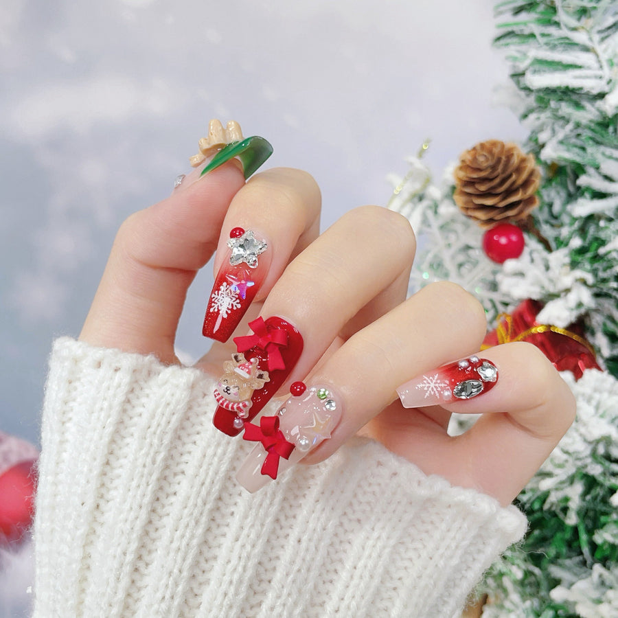 No.FP10 10pcs Christmas Red Handmade Press-On Fingernails